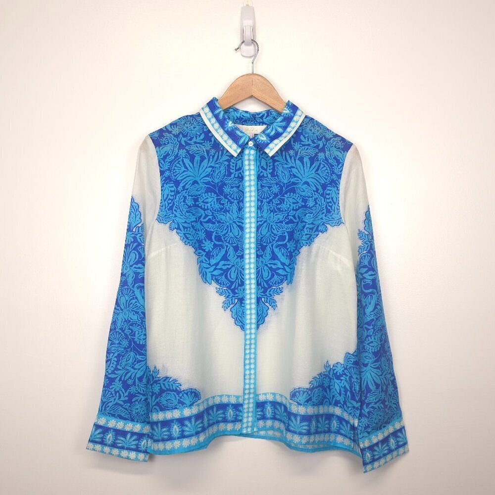 Lilly Pulitzer Breeze Aqua Jungle Escape Engineered Woven Kiran Button Down Top - Picture 3 of 10